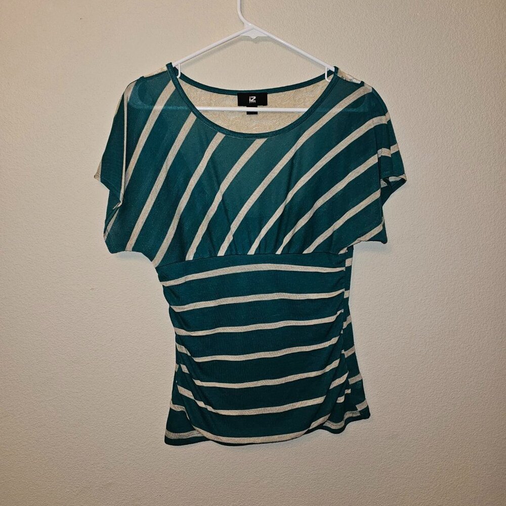 IZ BYER LARGE HUNTER GREEN BLOUSE WITH TAUPE STRIPES